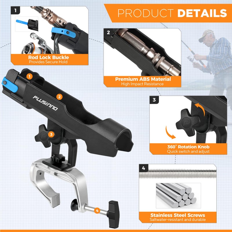 PLUSINNO Fishing Boat Rods Holder with Large Clamp Opening 360 Degree Adjustable Fishing Rod Racks Folding Holder - Image 4